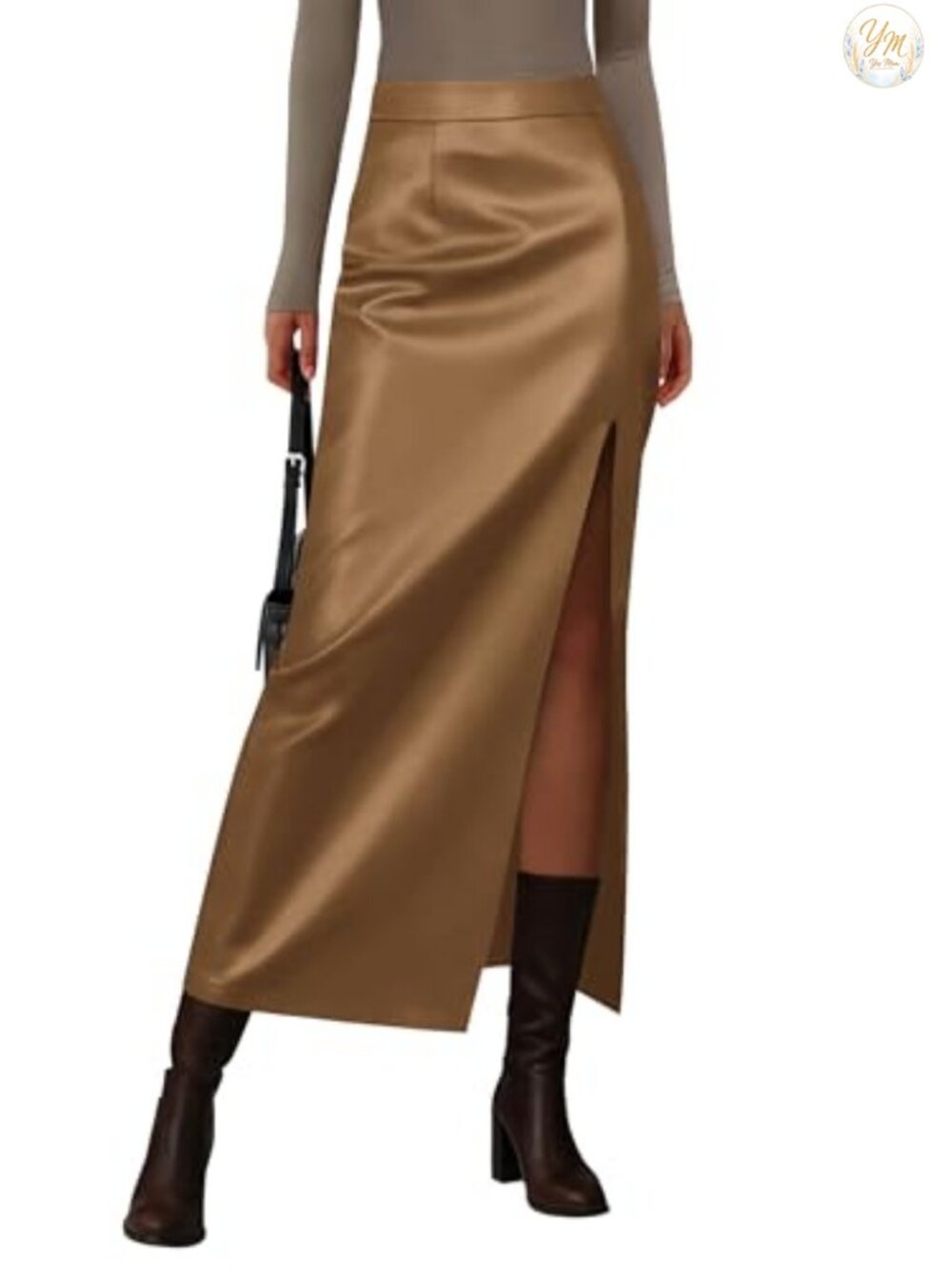 Faux Leather High Waist Maxi Pencil Skirt with Slit